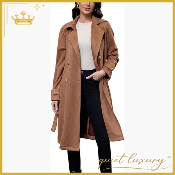 Faux Suede Trench Coat Belted Midi Overcoat Long Sleeve Office Outerwear